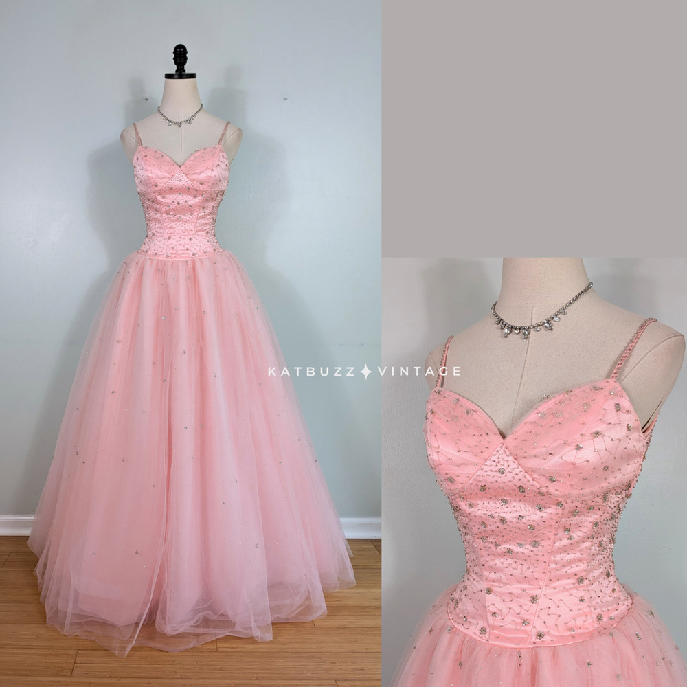Vintage Prom Dress Maxi Ball Gown 2 Pink Fairy Princess Ballerina Y2K Bead Tulle